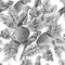 Monochrome seamless pattern with parrots leaves and fruits. Palm. Pineapple. Grapes. Watercolor illustration.