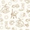 Monochrome seamless pattern with steampunk attributes and apparel hand drawn with contour lines on light background