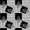 Monochrome seamless pattern, white contours of leaves, black squares, grid. Hand drawn