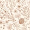 Monochrome seamless pattern with wild blooming meadow flowers and herbs drawn with contour lines on light background