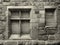 Monochrome sepia image of ancient blocked up stone window frames in a rough weathered wall