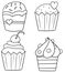 Monochrome set of delicious cupcakes with different fillings and different patterns in cartoon style