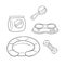 Monochrome set of icons, accessories for dogs, comb, double bowl and couch, vector cartoon