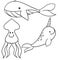 Monochrome Set of marine life in cartoon style, whale, narwhal and squid cute and smiling