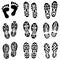 Monochrome set of running shoes and human legs footprint isolated. Vector illustration
