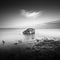 Monochrome shot of an old abandoned shipwreck near the seashore on a gloomy day