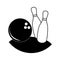 Monochrome silhouette with bowling pins and ball