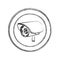 monochrome sketch of exterior video security camera in circular frame