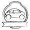 monochrome sketch of sport car in heraldic round frame and banner
