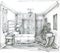 Monochrome sketch of a Traditional Bedroom. Pencil drawing of a classic bedroom interior.