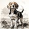 Monochrome Toned Beagle Painting: Detailed Shading And Romantic Illustration