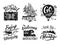 Monochrome travel labels set with hand writing words and letters. Adventure vector symbols