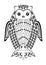 Monochrome tribal owl tatoo, symmetric owl figure, black and white drawing, wisdom symbol