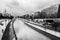 Monochrome urban landscape. View of the river Yauza and its embankments on rainy day, Moscow, Russia.