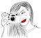 Monochrome vector illustration. Beautiful girl with red lips and nails. Smiling photographer with old camera.