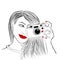 Monochrome vector illustration. Beautiful girl with red lips and nails. Smiling photographer with old camera.
