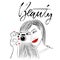 Monochrome vector illustration. Beautiful girl with red lips and nails. Smiling photographer with old camera. Beauty