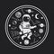 Monochrome vector illustration, poster, t-shirt design. Cartoon astronaut with stars, comet and planets with circular frame