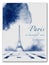 Monochrome watercolor card with the Eiffel Tower in blue shades. A commemorative postcard showing the sights of Paris.