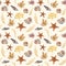 Monochrome watercolor seamless pattern with beige sea shells, stars and marine floral on the sand for decorative design