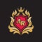 Monogram AR letters - concept logo template design. Crest heraldic luxury emblem. Red shield, golden leaves and crown.