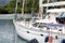 Monohull Yacht Sailboat docked in Fiji Savusavu bay slip.