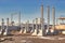 Monolithic reinforced concrete foundation or grillage for the construction of a modern power plant. Powerful columns and grillages