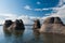 Monoliths under a beautiful blue sky in Mingan