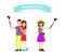Monopod selfie concept. Girl holding a puppy and makes . Happy couple hugging make. Vector characters in stories.