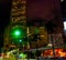 Monorail track and skyscrapers in downtown Miami at night