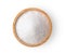 Monosodium glutamate in wood bowl on white background.