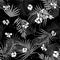 Monotone black and white tropical seamless pattern with flowers and houndstooth fill-in leaves Houndstooth background