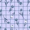 Monotone blue Seamless hand drawn  blooming tulip flowers on grid line check  background. Vector summer design for fashion fabric