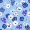 Monotone blue Seamless pattern in vector pansy flower  with dragonfly and bumble bess ,Design for fashion,fabric,web,wallpaper,and