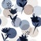 Monotone in blue Vector botanic silhouette floral seamless pattern on modern colorful stripe polka dot, delicate flower