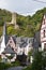 Monreal, Germany - 10 13 2020: Elz in Monreal with big stone bridge and Philipsburg