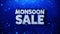 Monsoon sale blue text wishes particles greetings, invitation, celebration background