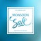 Monsoon Sale special offer card with calligraphic lettering text design on blue blurred background for monsoon seasonal shopping.