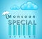 Monsoon special offer and sale banner, flyer or poster with rain and open umbrella concept