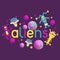 Monster alien poster, banner vector illustration. Cartoon monstrous character, cute alienated creature or funny gremlin