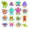 Monster alien vector cartoon pixel monstrous character of monstrosity and alienation illustration monstrously set of