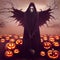 Monster, black death, all around hundreds of glowing jack-o-lantern pumpkins, a Halloween image