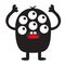 Monster black silhouette. Cute cartoon kawaii scary funny character. Baby collection. Many eyes, tooth tongue, hands up. White