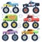 Monster cars. Cartoon cars with big wheels. Isolated vector set