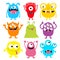 Monster colorful round silhouette icon set. Eyes, tongue, tooth fang, hands up. Cute cartoon kawaii scary funny baby character.