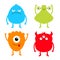 Monster colorful silhouette set. Happy Halloween. Cute cartoon kawaii sad character icon. Eyes, horns, hands up, tongue. Funny