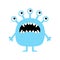 Monster. Cute cartoon kawaii funny baby character. Blue silhouette. Screaming face, head. Many eyes, fang teeth. Tshirt greeting