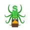 Monster Dollar protects chest of bitcoins. Money Octopus Vector