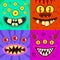 Monster faces. Cute horned crazy goblin and slimy gremlin, scary aliens. Halloween funny trolls, zombie head cartoon