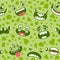 Monster faces seamless pattern. Cartoon halloween monsters, ghosts and aliens eyes, mouths and teeth. Scary creatures